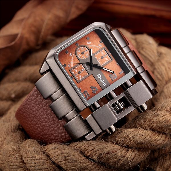 

men's wrist watches luxury design oulm quartz watch men square dial pu leather strap male antique clock erkek saat, Slivery;brown