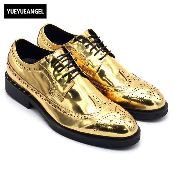 

classic gold brogue shoes designer 100% real leather oxford shoes for men pointed toe lace up wedding party men plus size, Black