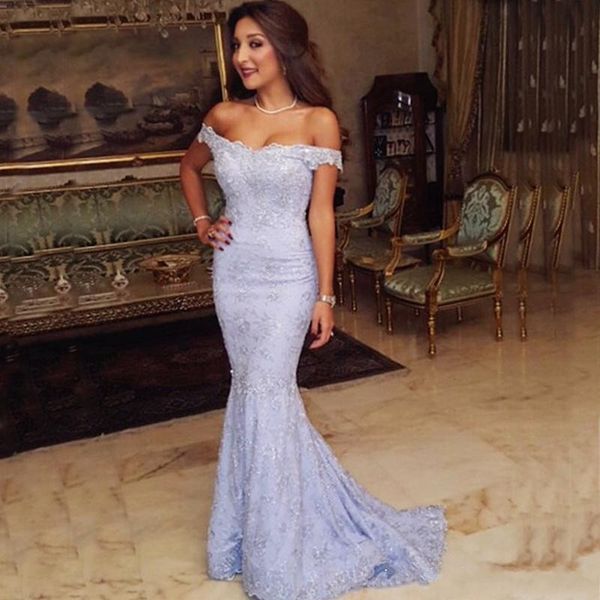 

Elegant Mermaid Prom Dresses Long Off the Shoulder Scattered Beaded Sequins Lace Appliques Lavender Evening Party Gowns with Sweep Train