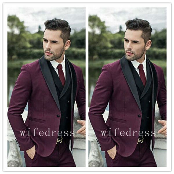 New Style Groomsmen Burgundy Noivo Smoking Xaile Black Satin lapela Men Suits Wedding melhor homem Noivo (Jacket + Calças + Vest + Tie) L160