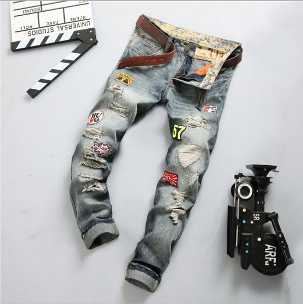 

wholesale men vintage jean draped straight jeans regular jeans long pants with badges ripped jeans sale, Blue