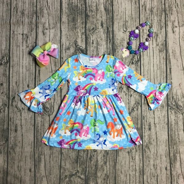 

new arrivals spring winter dress unicorn rainbow long sleeve ruffles baby girls milk silk children clothes match accessories, White