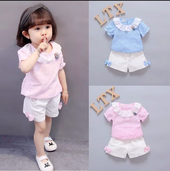 

summer 2018 baby girl clothes short tshirt plant 2 piece sets boutique kids clothing set girls soft lace flowers kids suit, White