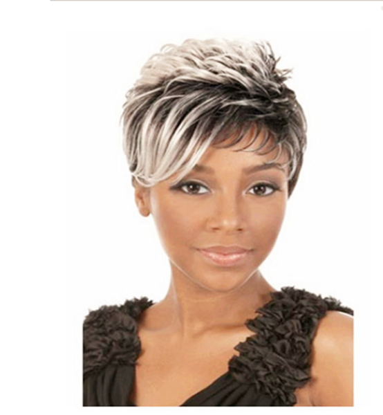 

2018 28'' hood synthetic hair periwig short hair silver black mixed color african gradient heat-resistant female hair periwig