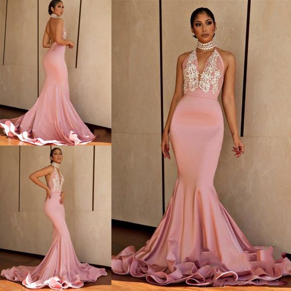 2020 Cheap Latest alta Neck Mermaid Evening vestidos de cetim rosa apliques Backless formal Prom Vestidos Robe De Bal frete grátis