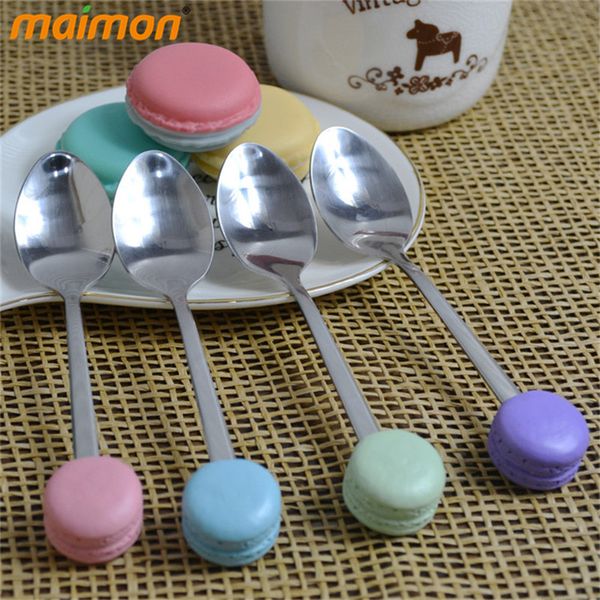 

4 pieces/lot candy color macaron spoon set stainless steel korean style salad dessert food eating spoon tableware children spoon