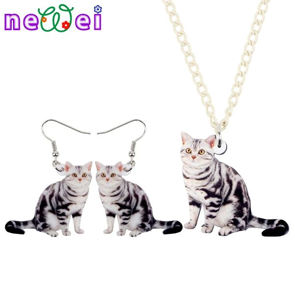 

newei acrylic sweet cat kitten earrings necklace chain collar fashion cute animal jewelry sets for women girls gift charms, Silver