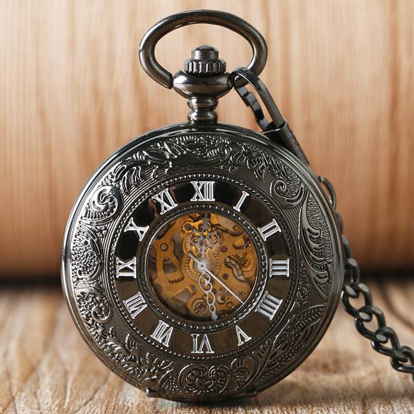 

vintage black cool carving steampunk automatic mechanical pocket watch chain roman numerals dial pendant watch male mp010, Slivery;golden