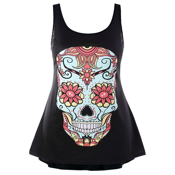 

plus size floral skull pattern women tank top, White