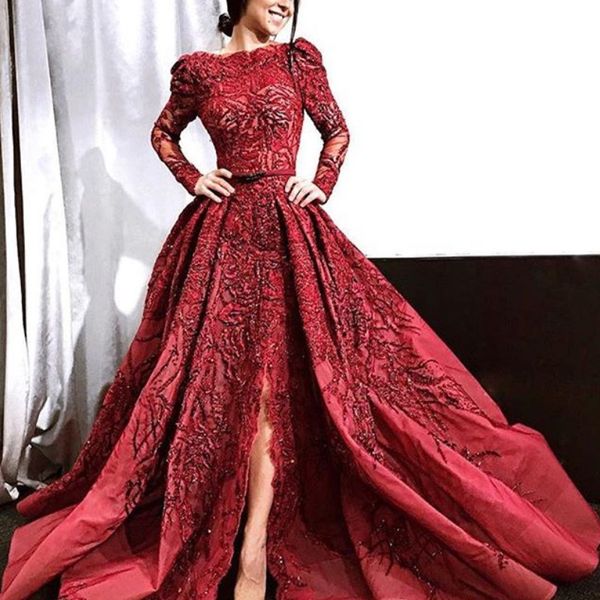 

glamorous saudi mermaid evening dress with overskirt lace applique long sleeves front split prom dress backless beads tulle party gown, Black;red