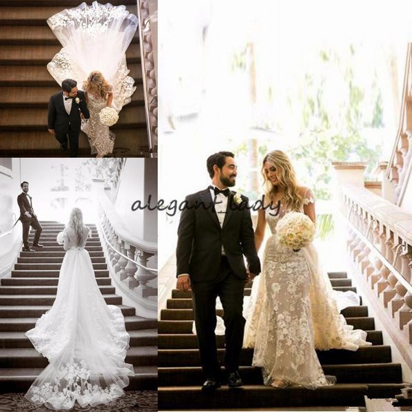 

mermaid 3d floral wedding dresses with detachable train 2018 sheer neck cap sleeve backless church garden trumpet chapel wedding gown, White