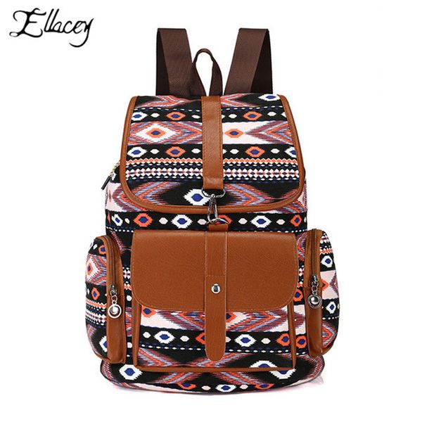 

ellacey new 2018 school bag bohemian vintage women backpack drawstring printing canvas bagpack sac a dos femme rucksack female
