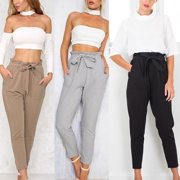 

women solid color high waist loose pants summer trousers long harem pants elastic lace up black plus size, Black;white