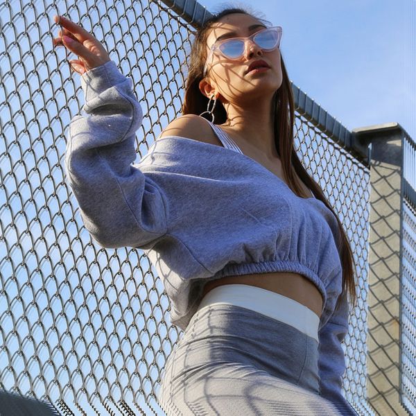 

women autumn sweater v neck midriff solid color long sleeves loose hoodies t0761w07, Black