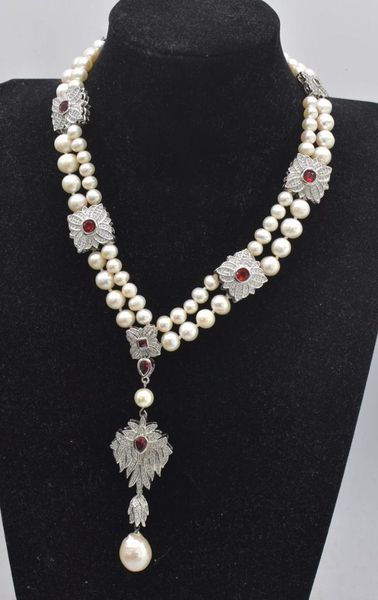 

2rows freshwater pearl white near round 7-8mm necklace &red zircon clasp 17inch fppj wholesale beads nature, Silver