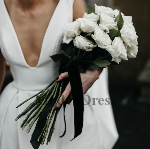 Discount White Satin A Line Wedding Gowns With Long Train Simple
