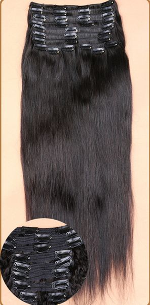 

human hair clip straight hair brazilian remy hair 8 pieces and 120g/set natural color no tangle bundles, Black;brown