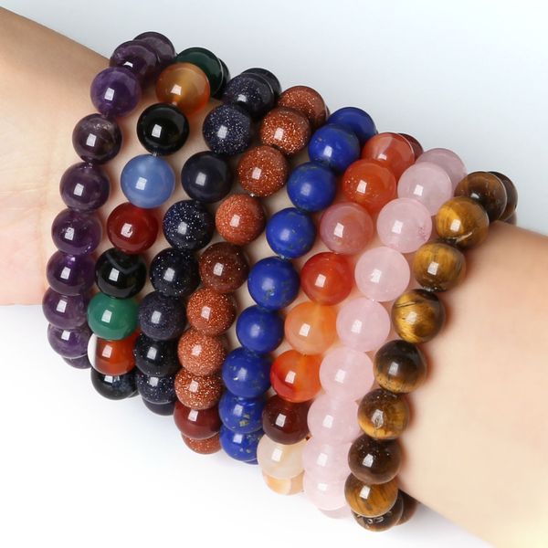 

natural stone beads 6 8 10mm tiger eyes rose quartzs agates beads elastic rope beaded bracelets for women men charm bracelet, Black