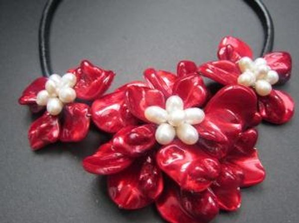 

handmade real pearls shell flower necklace,white pearl red rose mother of pearl shell flower jewellery, Silver