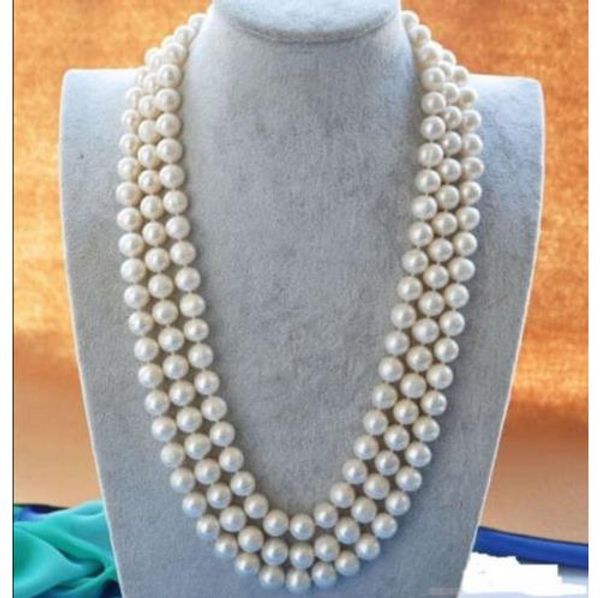 

3 row 8-9mm white natural akoya pearl necklace shell clasp 17 18 19 inch, Silver
