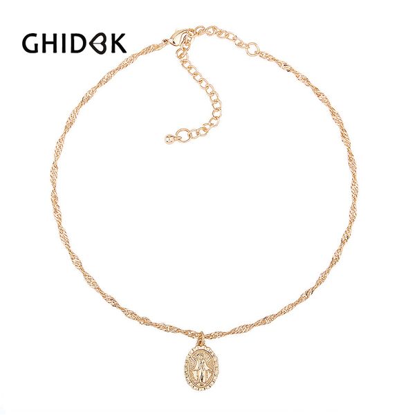 

ghidbk 2018 new style gold color virgin mary choker necklace female hanging oval coin charms chokers figure pendant necklaces, Golden;silver