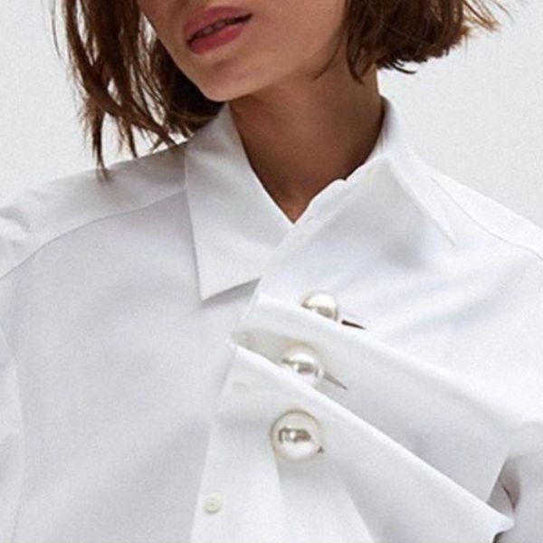 

pearls shirt female series 2018 new spring fashion clothing lapel collar ruched patchwork irregular white long blouse