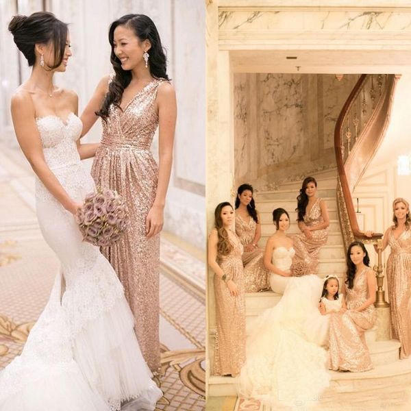 

Bling Rose Gold Sequined Maid of Honor Dresses Backless Plus Size v Neck Long Beach Bridesmaid Bridal Party Evening Gowns 2017 Custom cheap