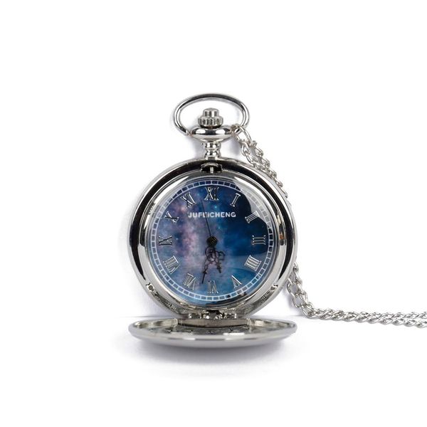 

royal goods galaxy blue sky dial design stainless pocket watch classic students fob watch with necklace pendent chain, Slivery;golden