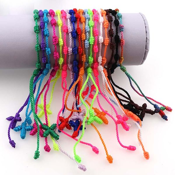 

multicolor handmade rope knotted cross rosary bracelets pulseras decenarios cross bracelets of religious gifts 12 pieces, Black
