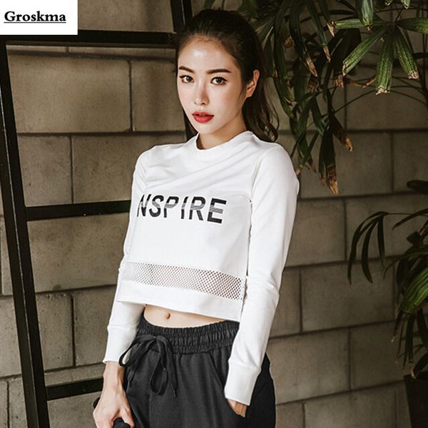 

long sleeve crop women yoga t shirt mesh patchwork fitness gym clothing womens sports running tee shirt deporte mujer, White;red