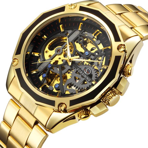 

2018 new fashion luxury golden full stainless steel skeleton luxury design men watch brand automatic self-wind male clock, Slivery;brown