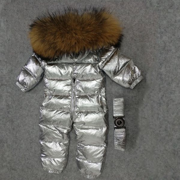 

2018 new children thicken warm rompers -30 degree baby outwear windproof snowsuit kids hoodie russia winter down jacket big fur, Blue;gray