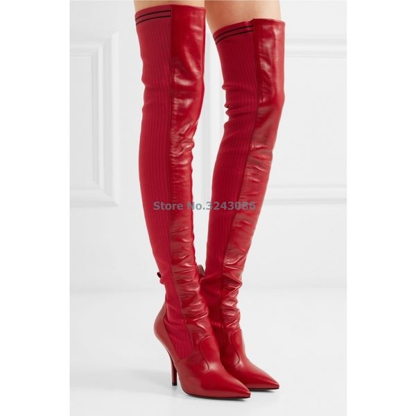 

red black knit pu patchwork over the knee stiletto heel boots slim fit lady long boots new arrival faux sheepskin