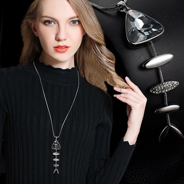 

lwmmd crystal fish bone cute long sweater chain necklace vintage crystal collares mujer statement necklace long, Silver