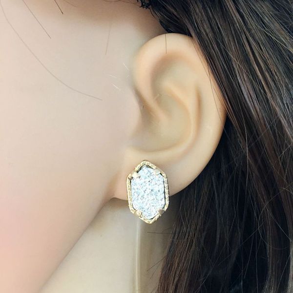 

fashion earrings for women gold plated hexagonal natural stone stud earrings druzy stone stud ear rings jewelry gifts, Golden;silver