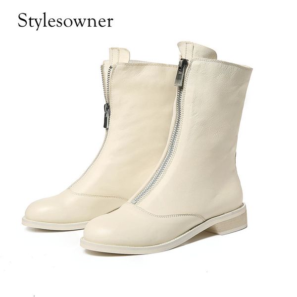 

stylesowner new coming cow leather short boots front zipper red solid color low heels mature autumn boots slip-on lady, Black
