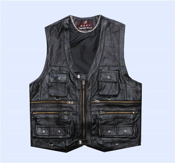 

bonjean men's casual gentlement genuine leather vest male slim multi pocket reporter sheepskin leather vest waistcoat xl-8xl, Black;white