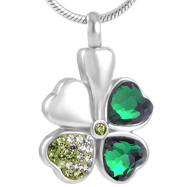 

ijd8533 elegant design stainless steel necklace wholesale green crystal four leaf clover pendant cremation necklace women jewelry, Silver