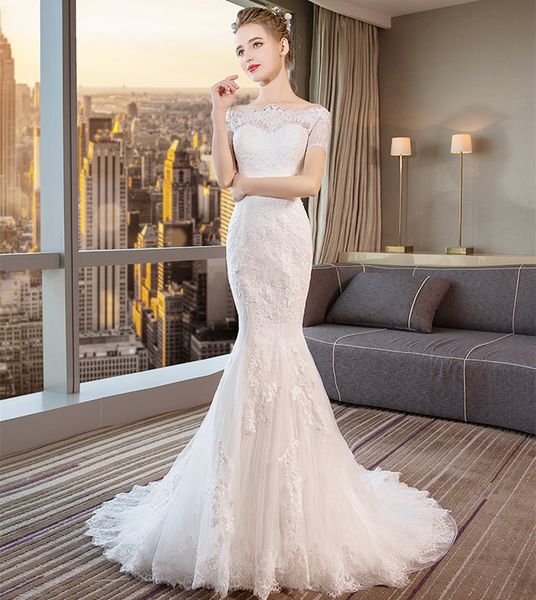 

bateau neck lace tulle mermaid wedding dress lace up 2018 short sleeves boho wedding gowns sweep train, White