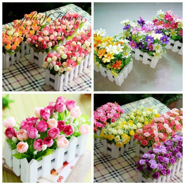 Wooden Fence Vase Flowers Rose And Daisy Artificial Flower Set