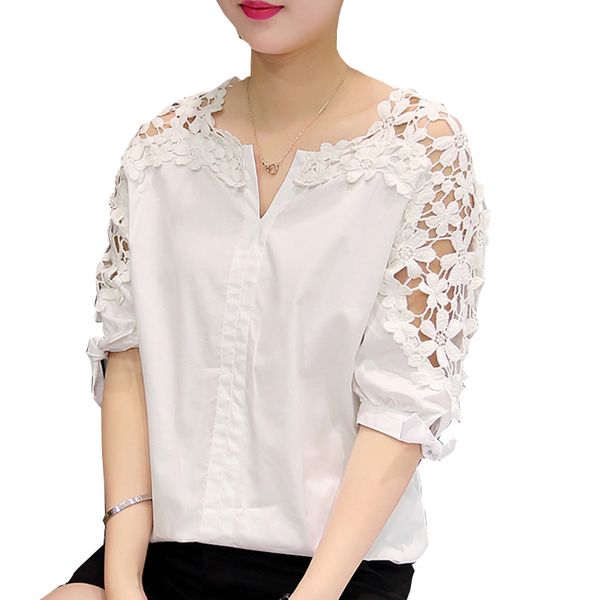 Atacado- Camisas Femininas 2017 Camisa Branca Mulheres Tops Hollow Out Flores Algodão Lace Blusa Moda Mujer Coreano Moda Vector Femme 5xl