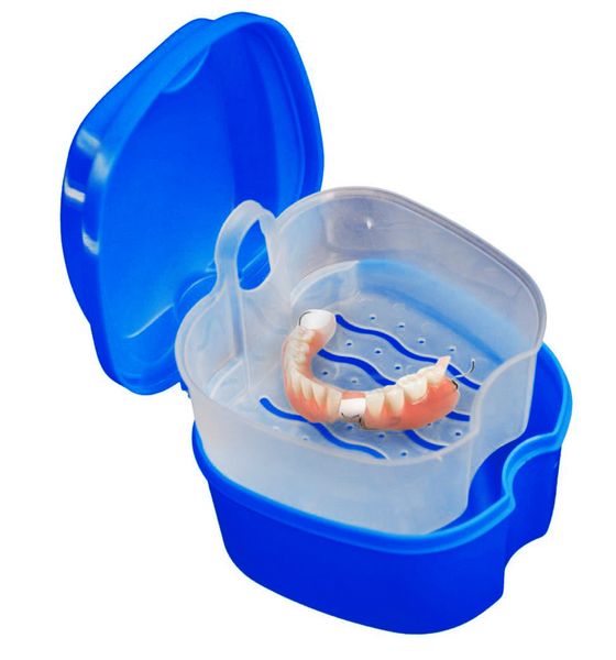 

2 colors denture bath box case dental false teeth storage box with hanging net container plastic artificial tooth organizer