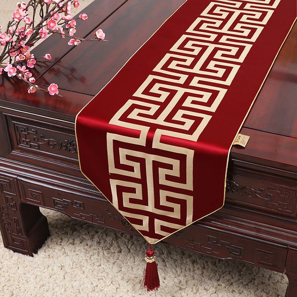 Neueste Jacquard-Geometrie-Seidensatin-Tischläufer, luxuriöse Hochzeits-Dinner-Party-Dekoration, rechteckige Tischdecke, chinesische Tischmatte, 200 x 33 cm