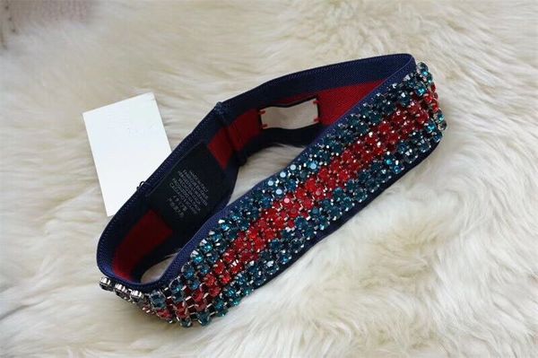 

Дизайнер Полный Rhinestone эластичный оголовье 2018 NEW Fashion Luxury Blue Blue Striped Hairband для женщин