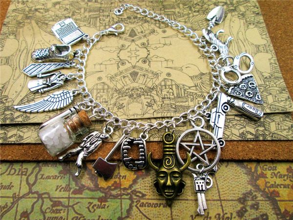 

supernatural inspired bracelet deluxe fandom charm bracelet silver tone charms, Black