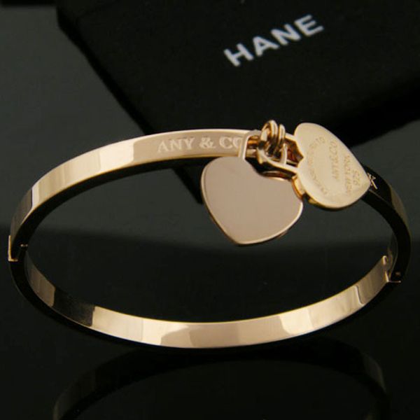 

Hot sale Classic Design 316L Titanium steel punk lovers bangle with double hearts pendant for Women bangle in 5.8cm jewelry gift free shipp
