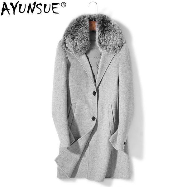 

ayunsue 100% wool coat autumn winter jacket men duck down liner long coats fur collar woolen coat plus size chaquetas my1265, Black