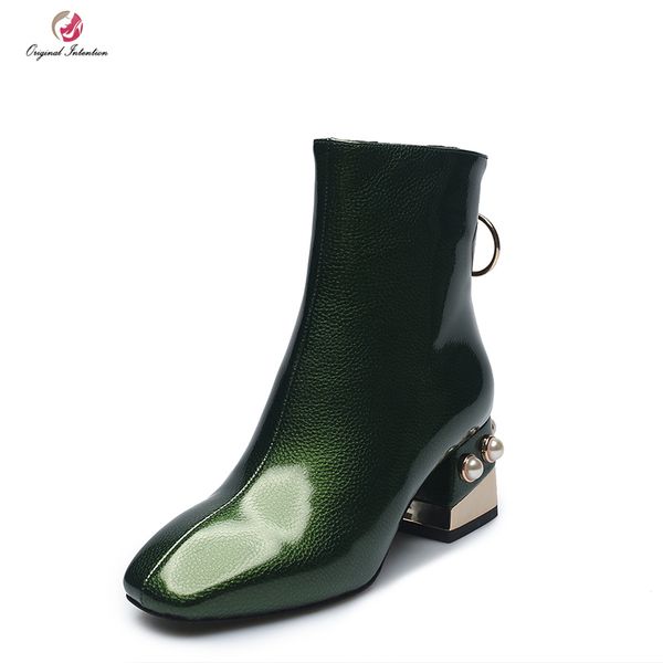 

original intention stylish women ankle boots winter new elegant square heel square toe patent leather shoes woman us size 4-10.5, Black