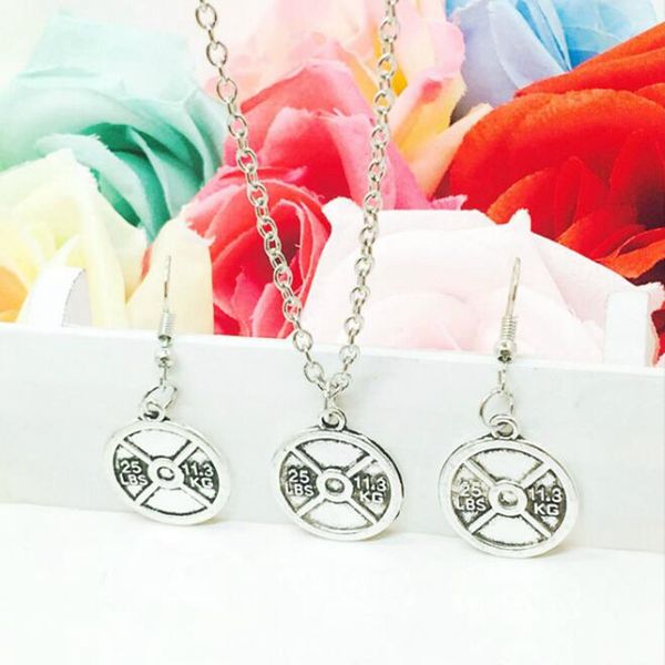 

горячее надувательство старинное серебро 25lbs штангой таблетки подвески фитнес-ожерелье серьги набор творческий женщины ювелирные аксессуар, Silver