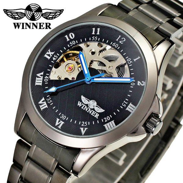 

winner brand mens watches casual automatic mechanical watch male full black stainless steel waterproof clock relogio masculino, Slivery;brown